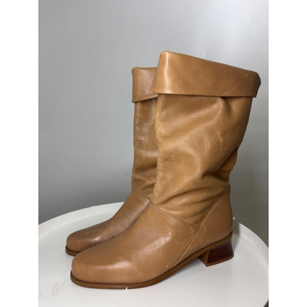 Vintage Tan Leather Slouchy Mid Calf Boots Made in Brazil Size 10W Round Toe